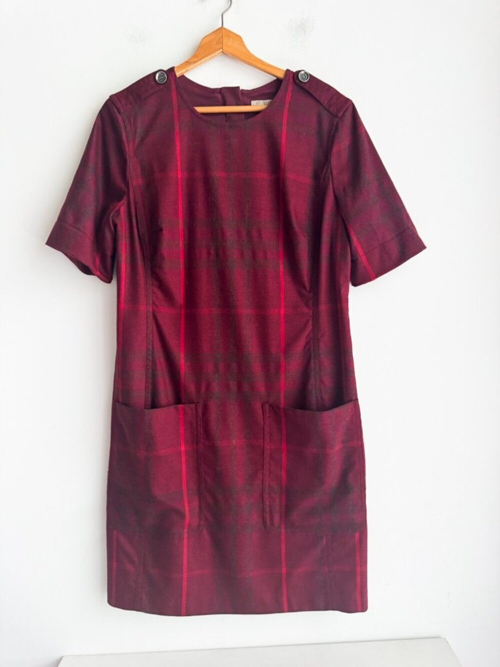 Burberry Brit Burgundy Wool Blend Plaid Sheath Mini Dress M